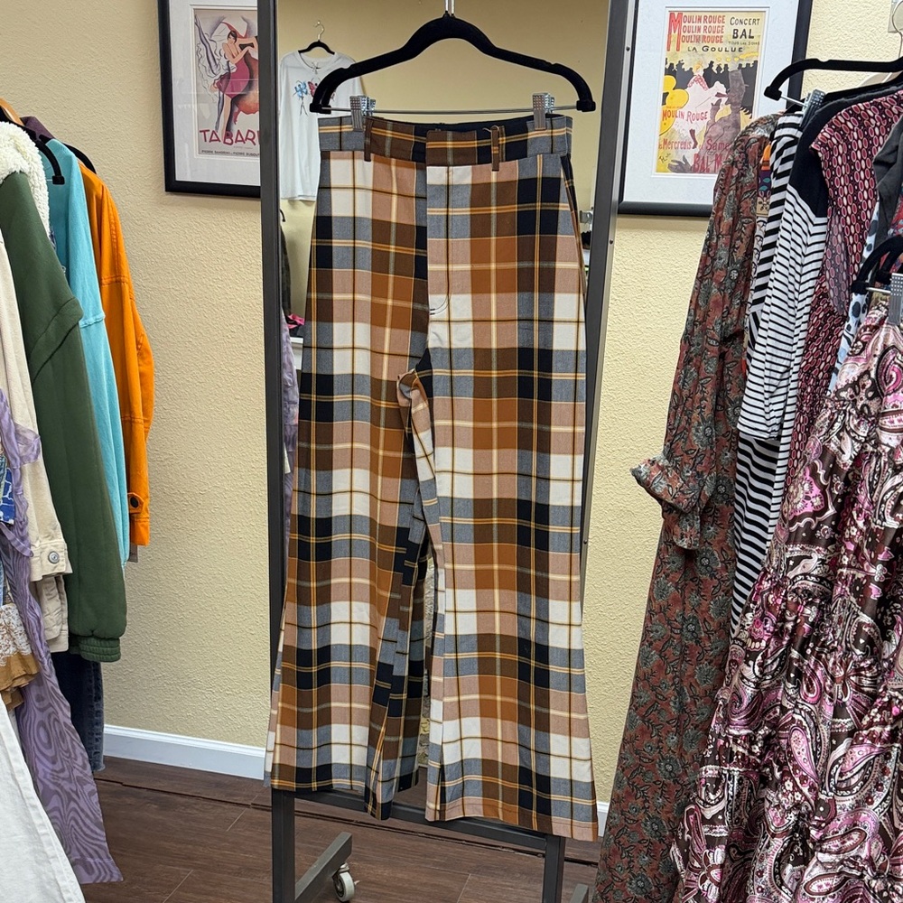 Free People Plaid Wide-Leg Pants in Brown, Cream & Gray